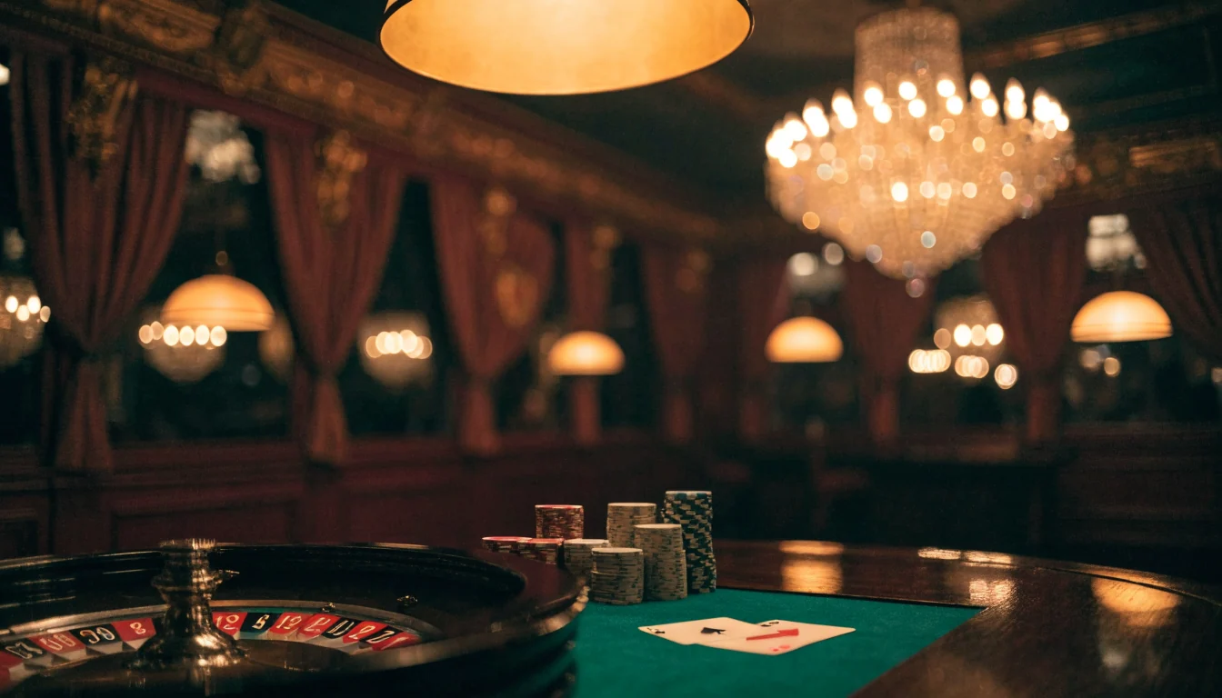 Elegant British casino lounge with roulette wheel and chips on a green felt table