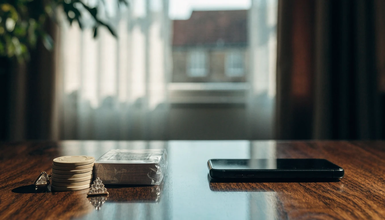 Face-down phone with casino chips beside it in a UK apartment