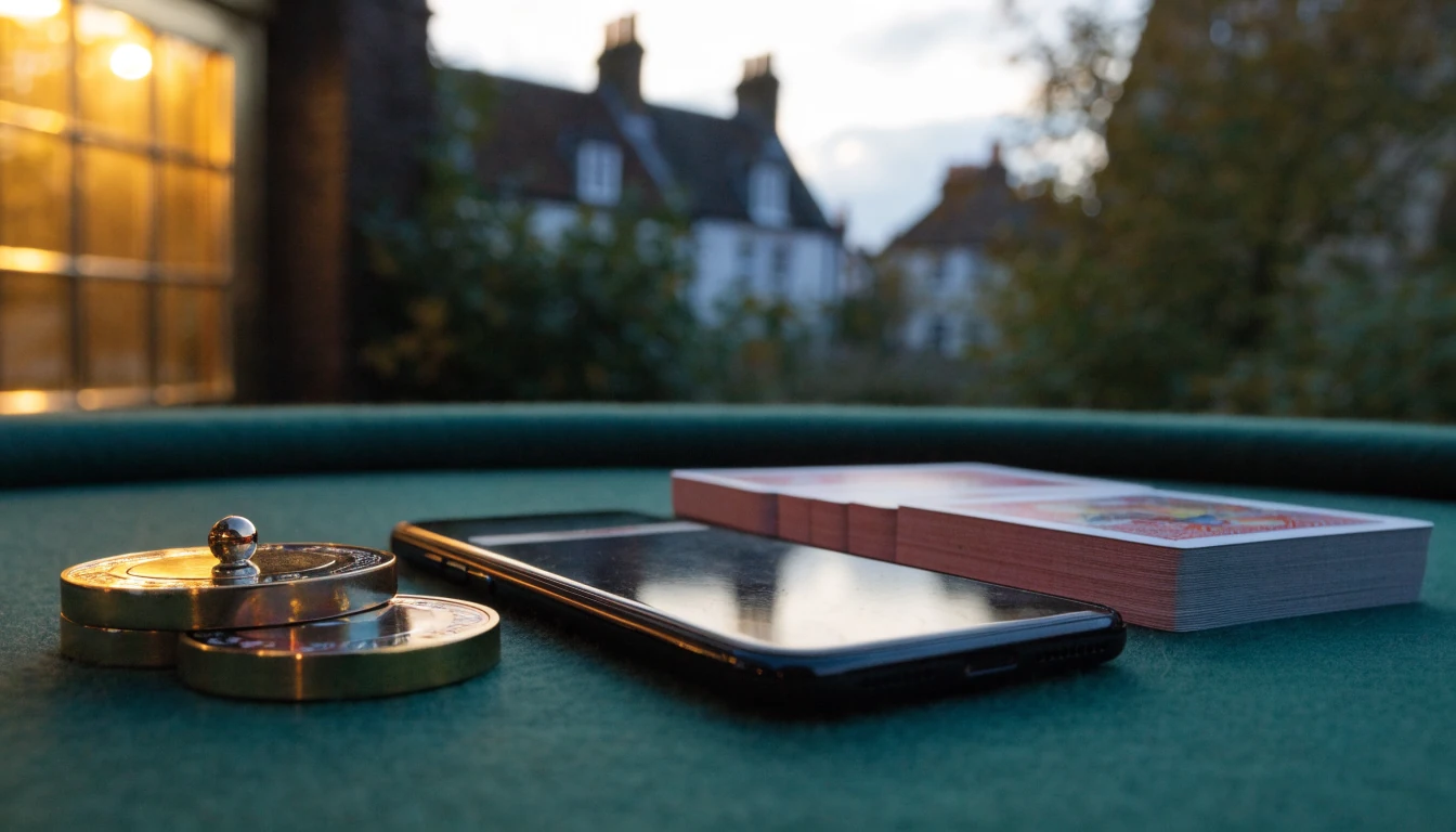 Face-down smartphone with gold casino tokens and cards on green felt