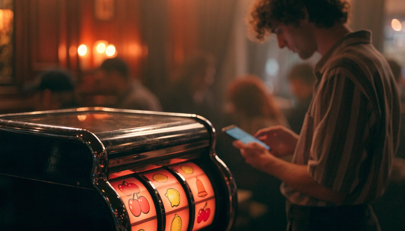 Classic British fruit machine next to a person holding a smartphone in a warmly lit UK pub setting.