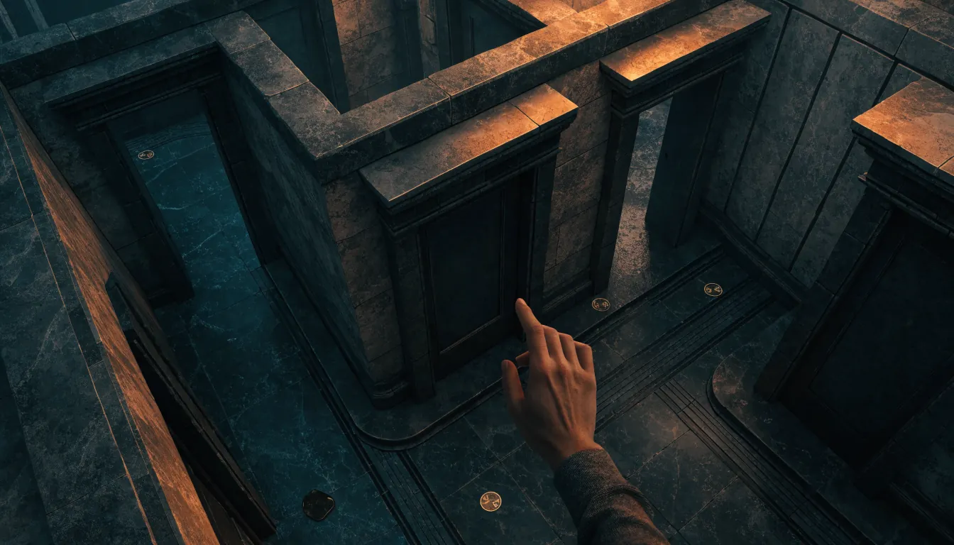 A branching tabletop setting represents choices without guaranteed control.