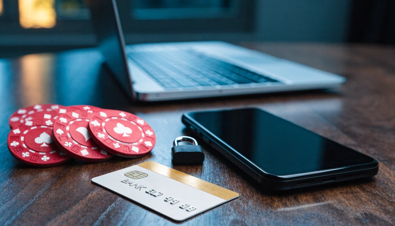 UK bank card, smartphone and casino chips on a secure payment desk