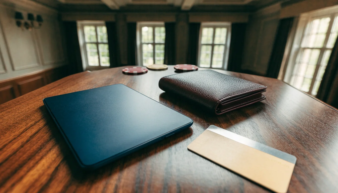 Tablet, payment card and casino chips on a British lounge table