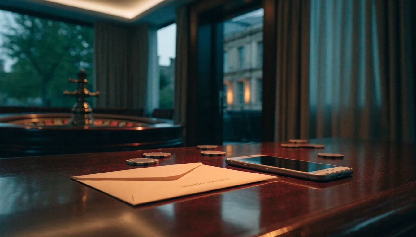 Elegant UK casino lounge with chips, roulette, and welcome envelope