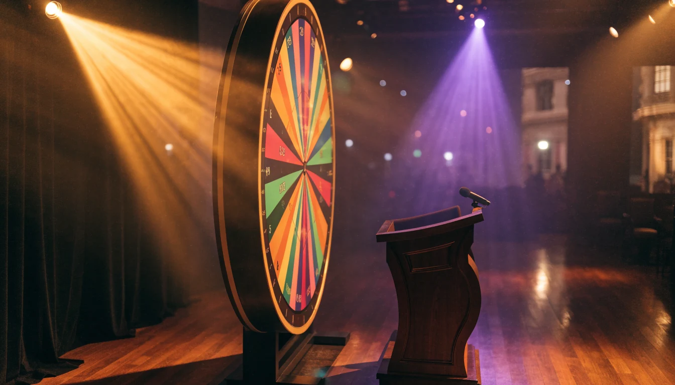 Glamorous live casino studio with illuminated prize wheel under stage lighting