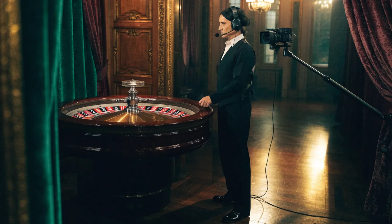 British live roulette dealer preparing to spin a physical wheel in a warmly lit studio