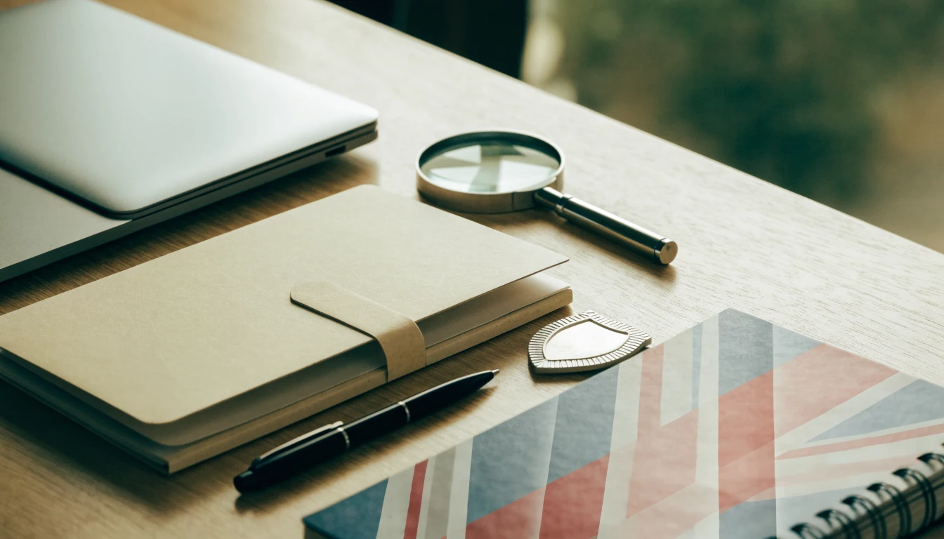 Closed laptop and licence-checking objects on a UK office desk