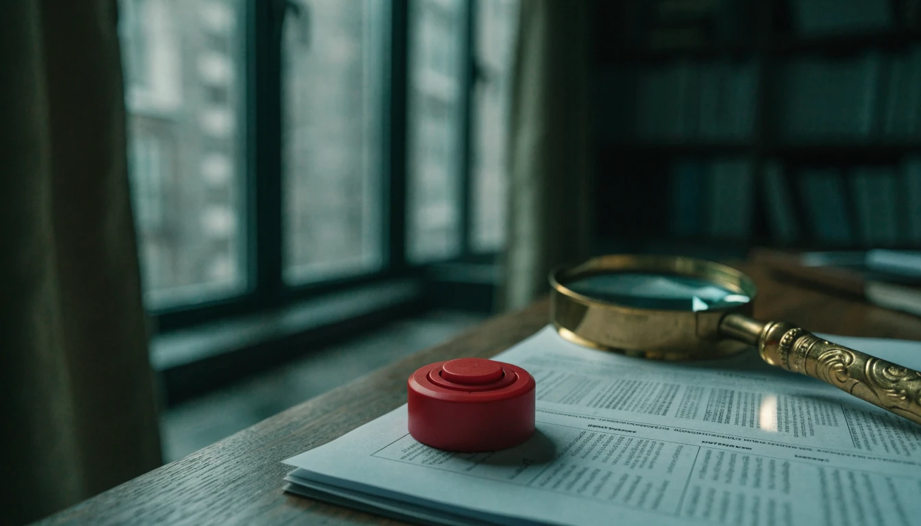 Desk scene with a red plunger, magnifying glass and UK regulation document.