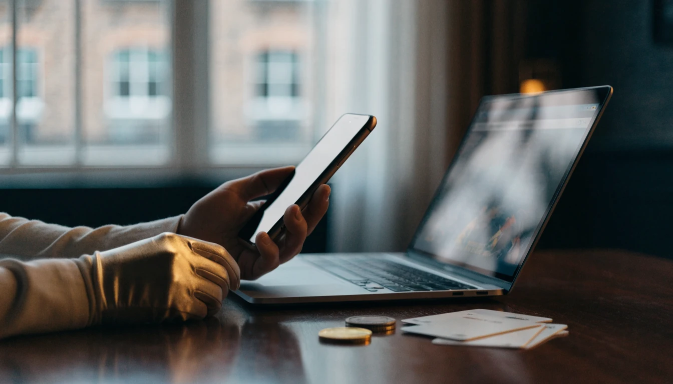 UK user making a mobile casino deposit with phone and laptop