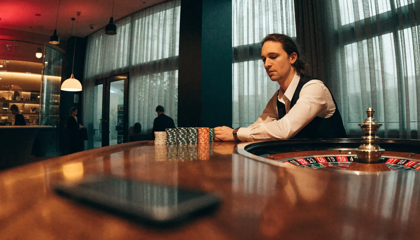 Live-dealer casino studio with roulette wheel in UK style