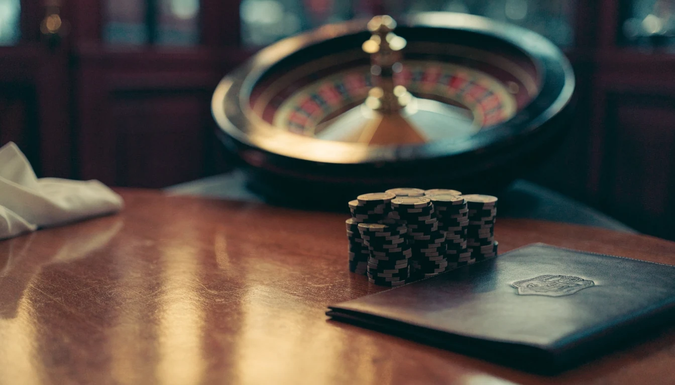 Casino chips beside a licence folder on a wooden table with roulette wheel background
