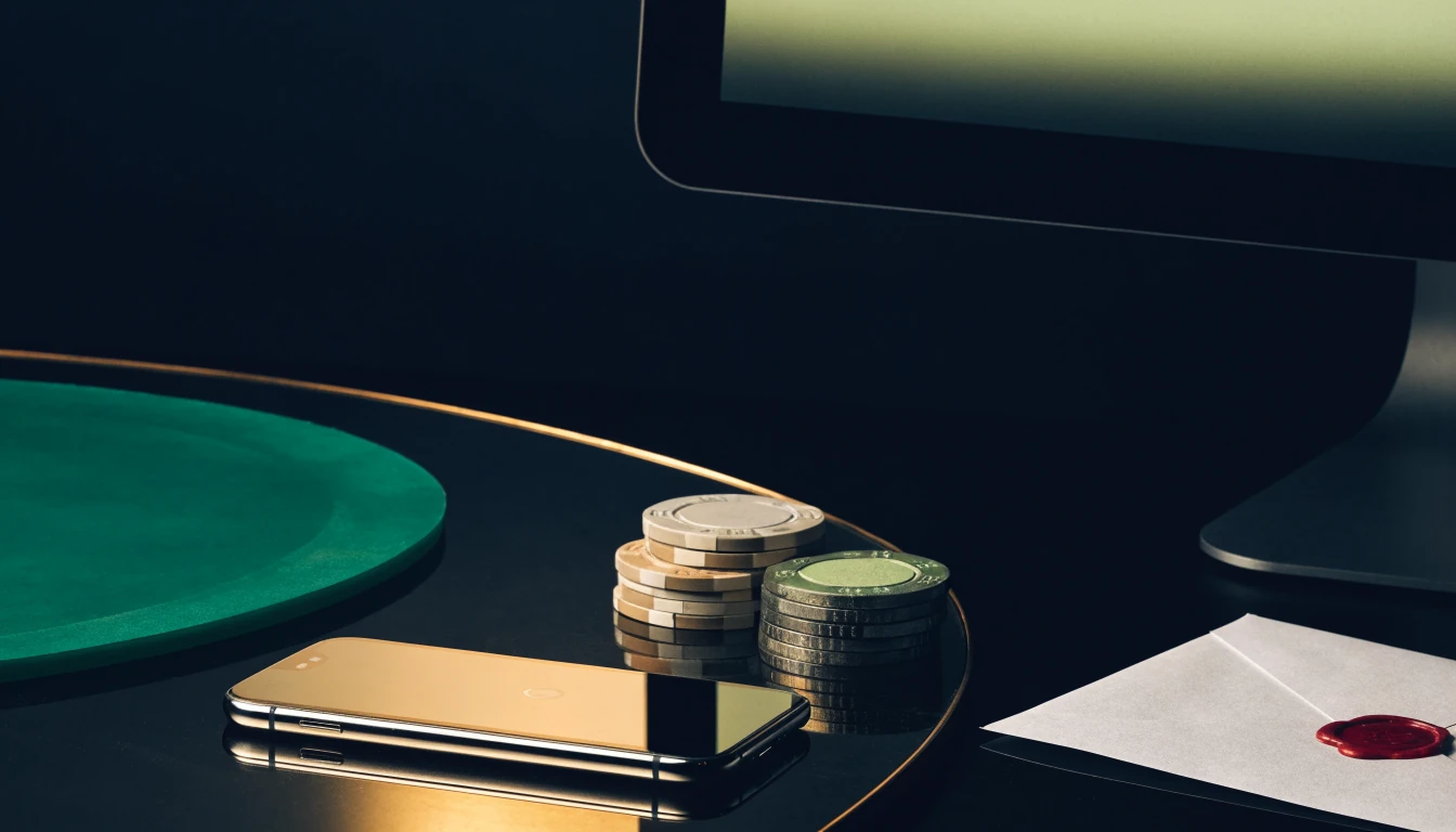 Smartphone, chips, and blank voucher representing no-deposit casino bonuses.
