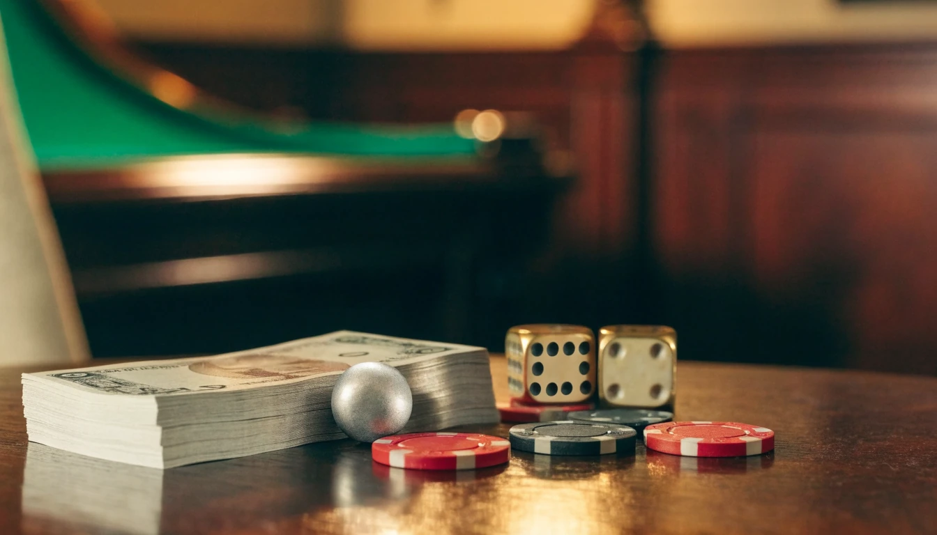British pounds, casino chips, dice and a roulette ball on a dark wooden club table.