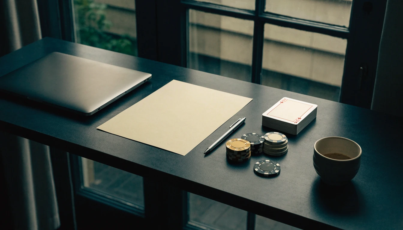 Closed laptop with chips and blank bonus terms document on a desk