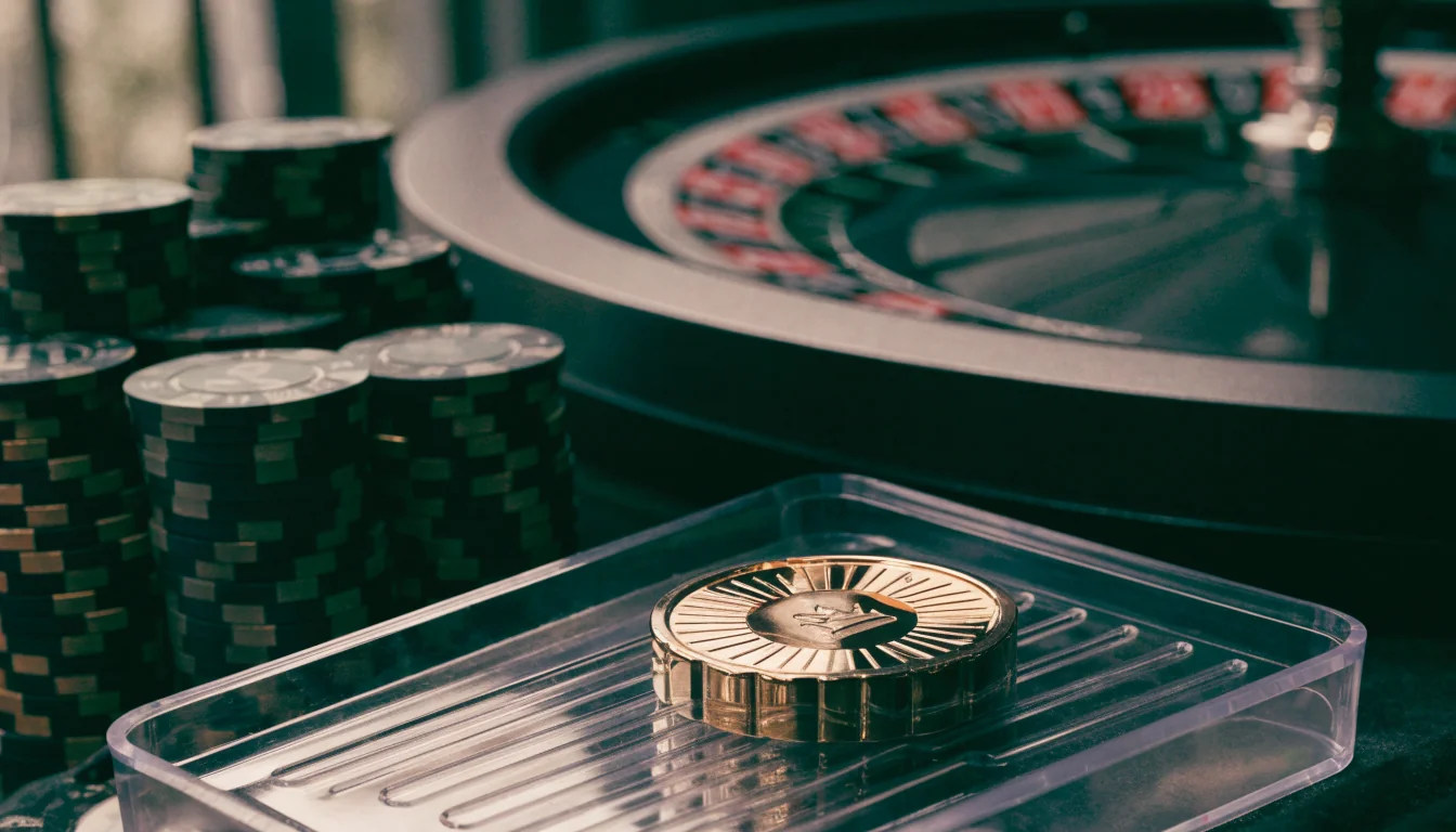 Bonus token beside casino chips and a clear payout tray