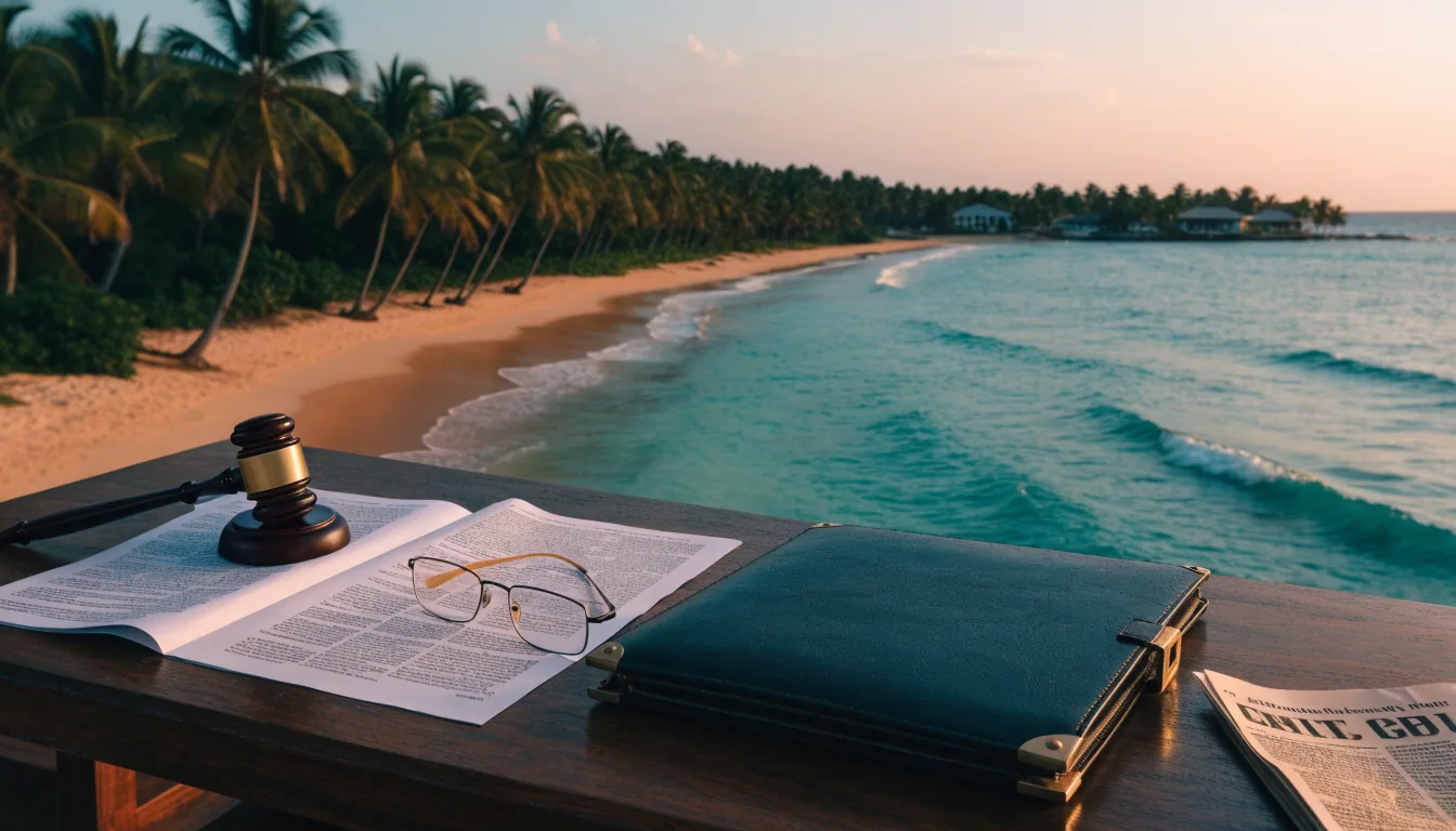 Caribbean shoreline at dusk with a legal document and gavel on a desk, suggesting Curaçao gambling licence regulation.