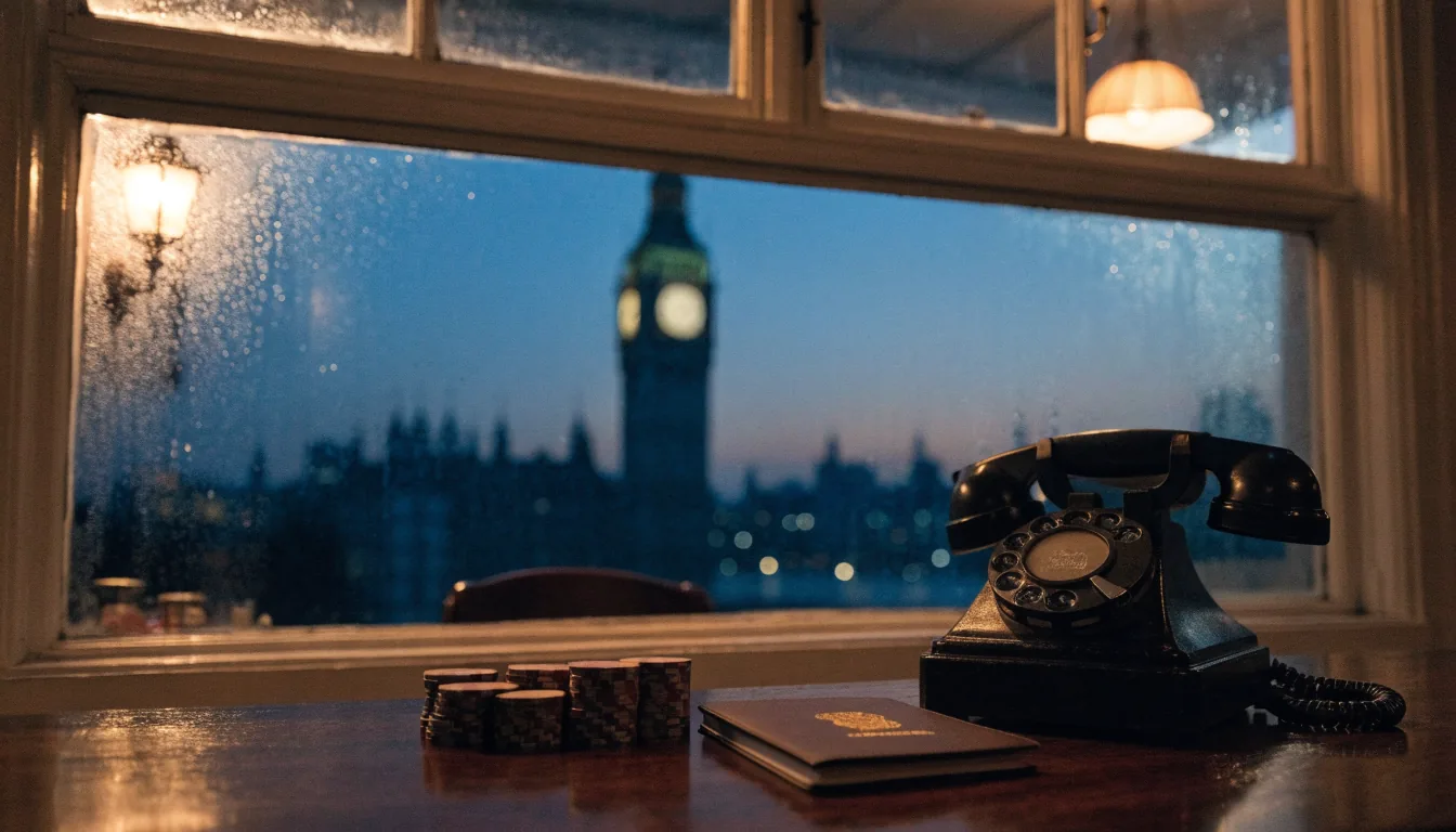 Casino chips and passport on a British pub table with London skyline at twilight