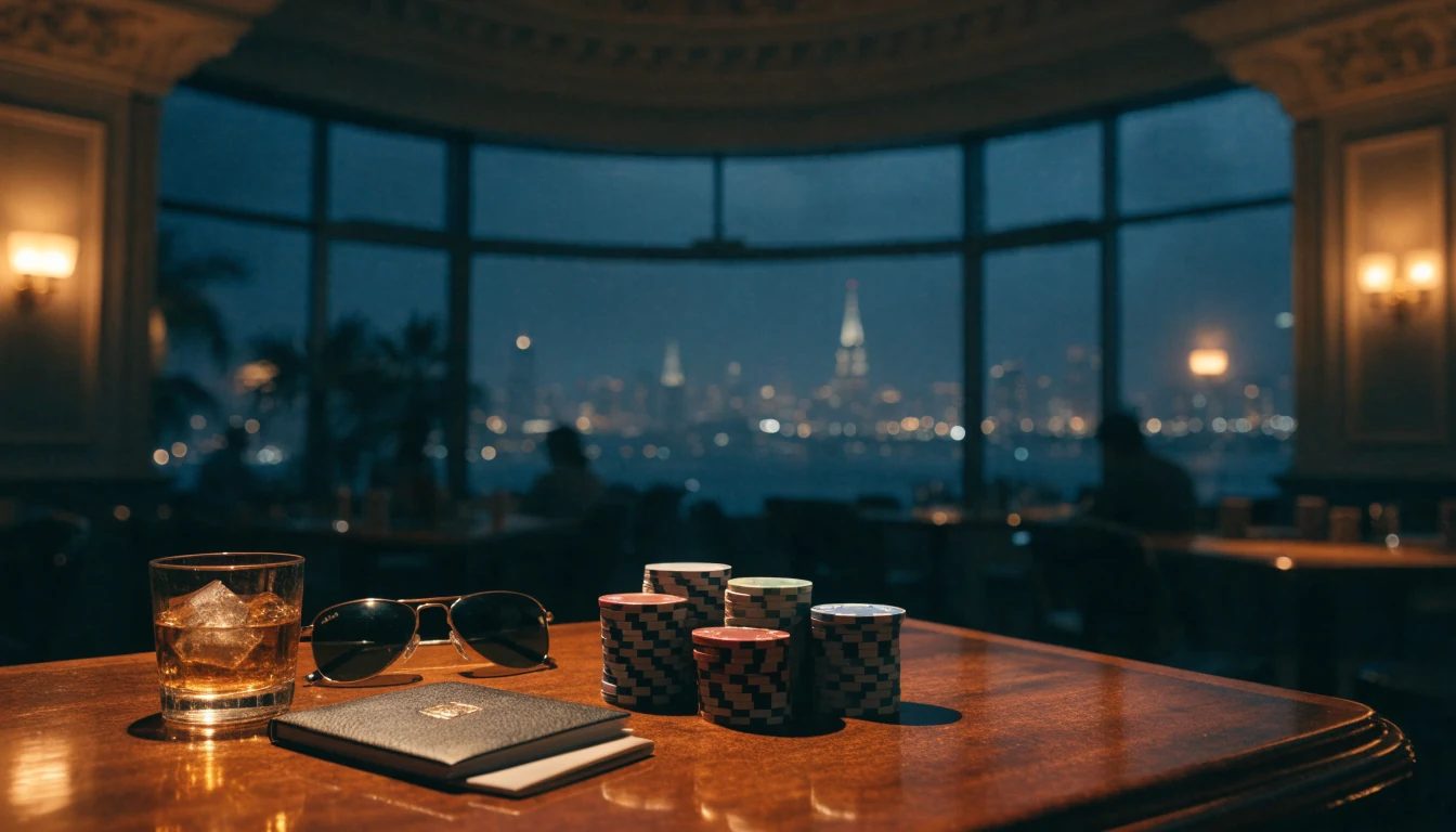 Elegant international casino lounge with chips, whiskey, and passport overlooking a foreign skyline at night