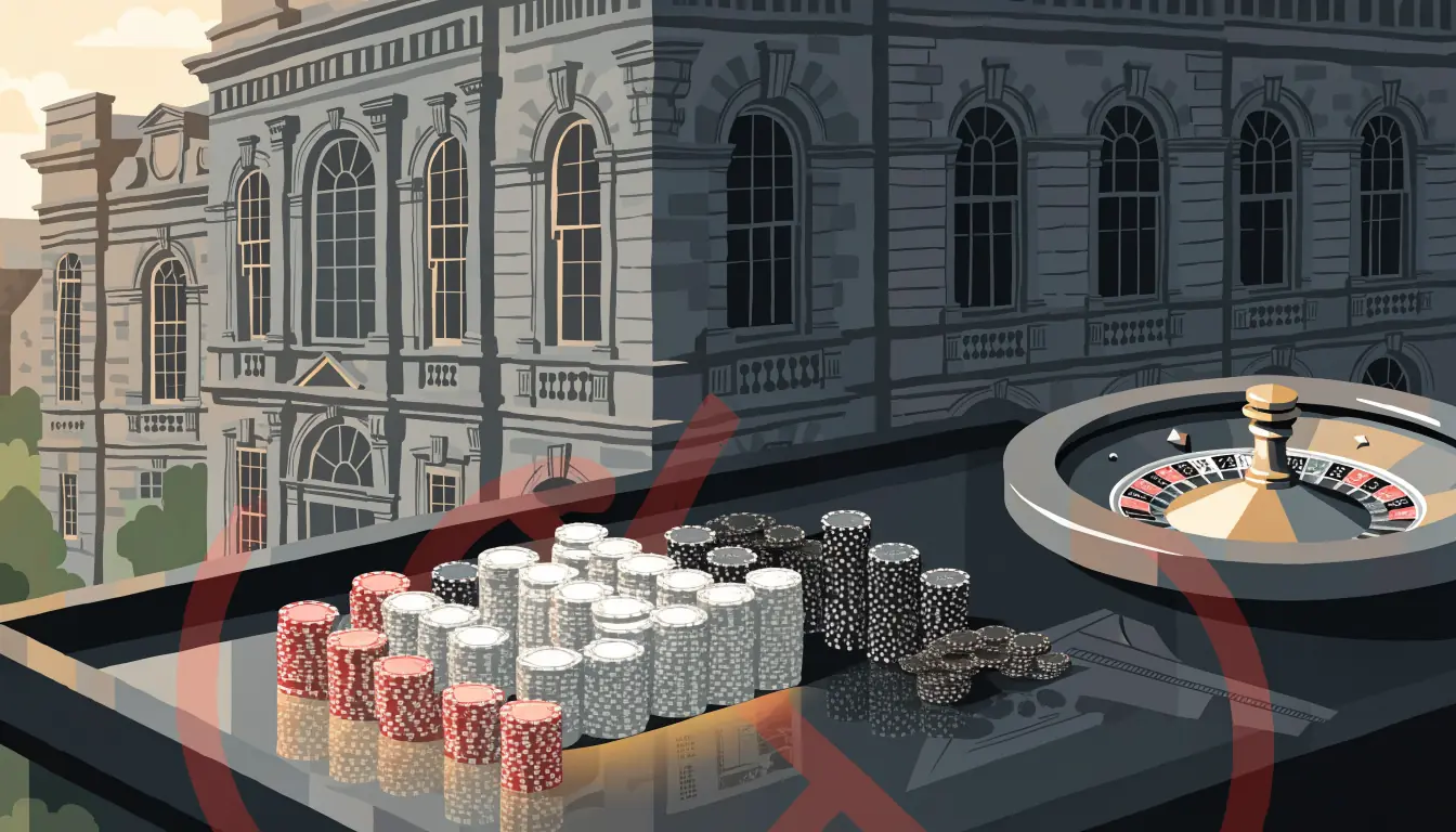 Isometric illustration of an offshore casino table with chips and roulette wheel, British regulatory oversight subtly crossed out.