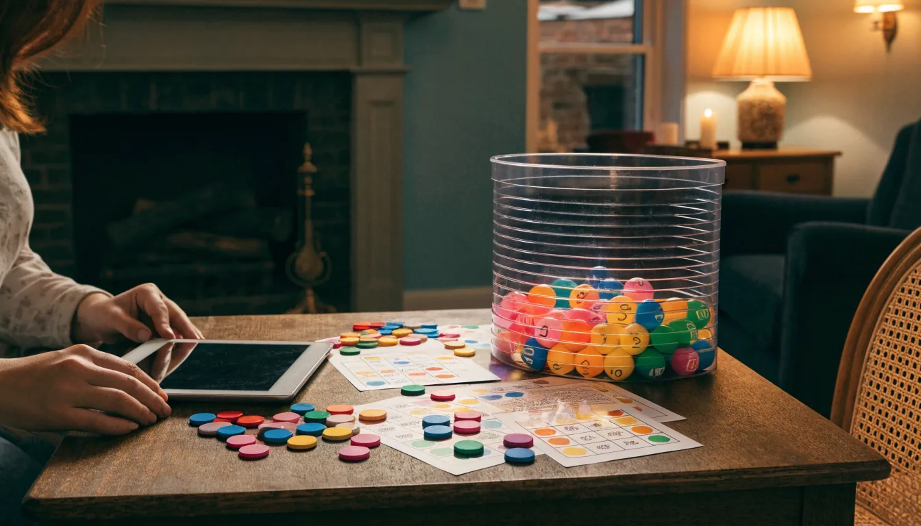 British player enjoying paper bingo with colourful counters at home