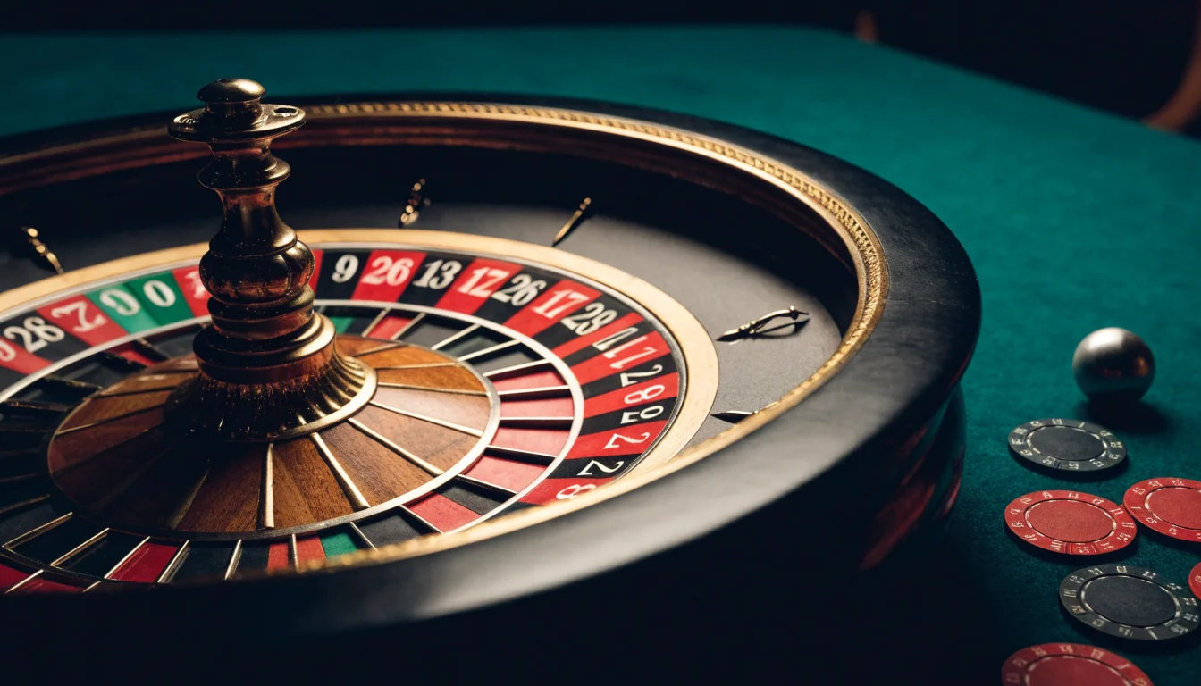 European roulette wheel with green zero on a casino table