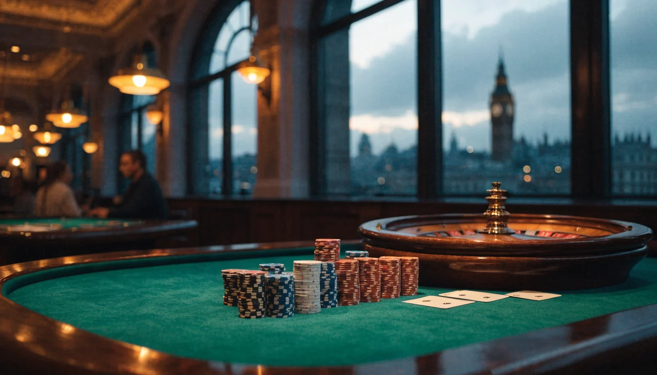 Elegant UK casino table with roulette wheel, chips and London skyline at dusk