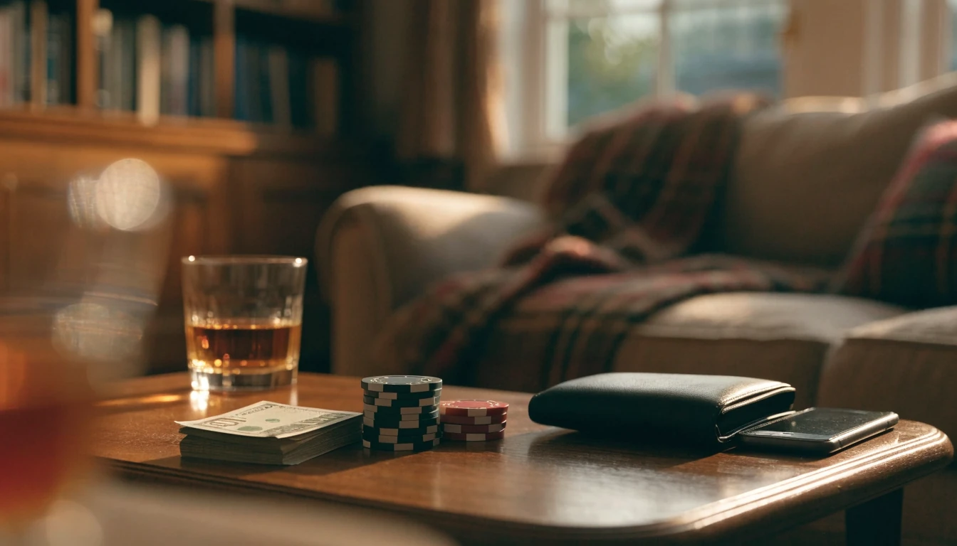 British pound notes and casino chips on a coffee table in a cozy UK home