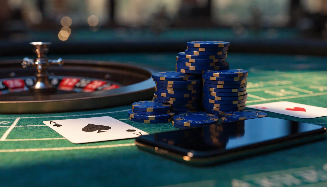 Casino table with chips, roulette wheel, cards and a face-down smartphone