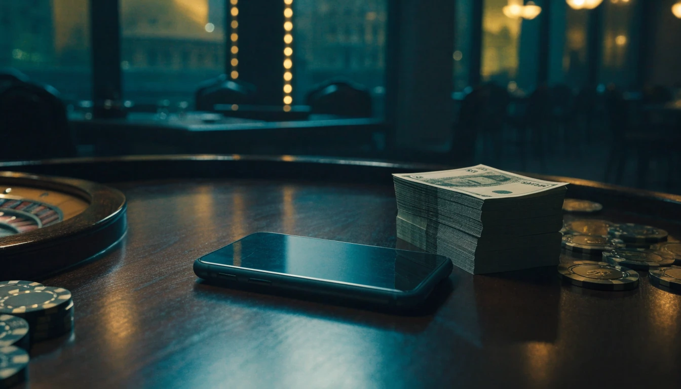 Face-down smartphone, pound notes, casino chips and roulette wheel in London setting