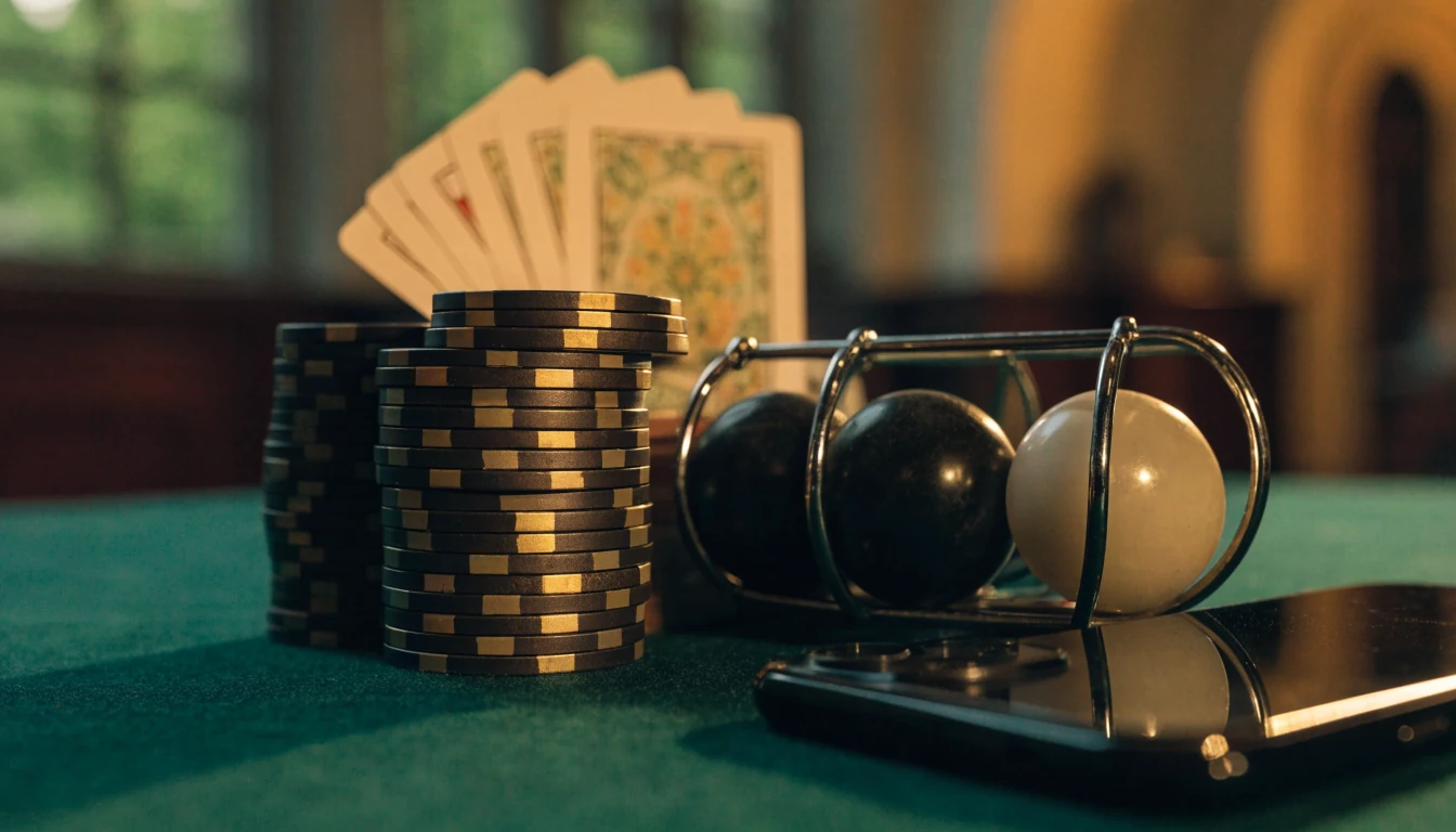 Elegant casino chips, cards, roulette balls, and a face-down smartphone