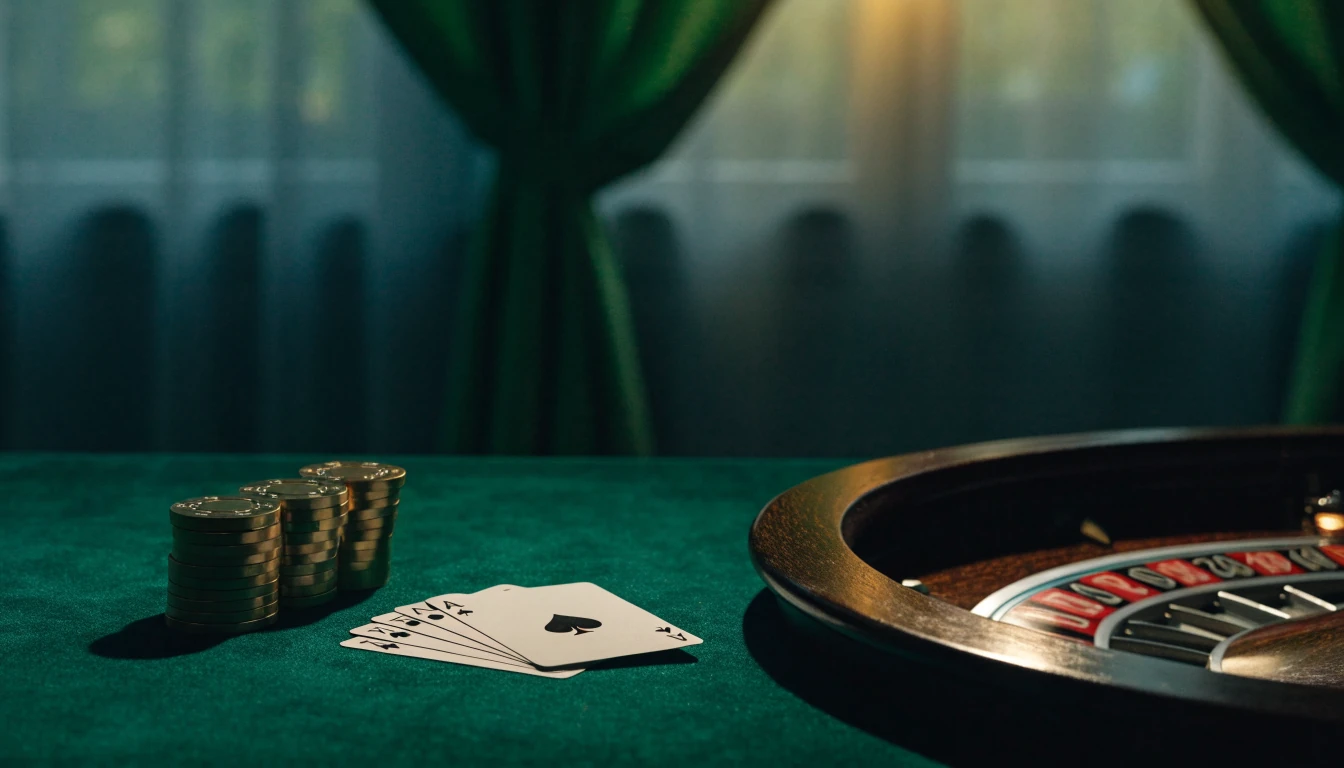Elegant casino chips, cards and roulette wheel representing a UK online casino bonus guide