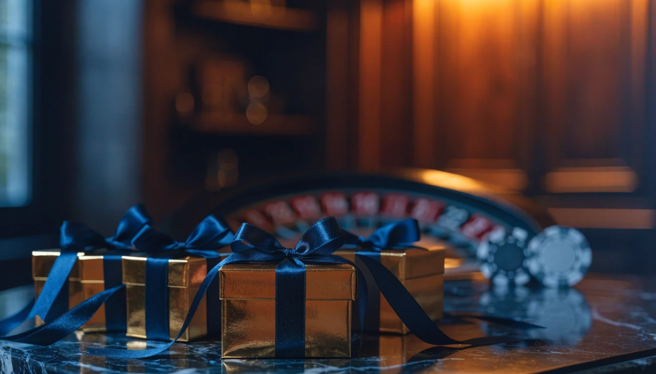 Golden gift boxes, roulette wheel and casino chips in a premium navy setting