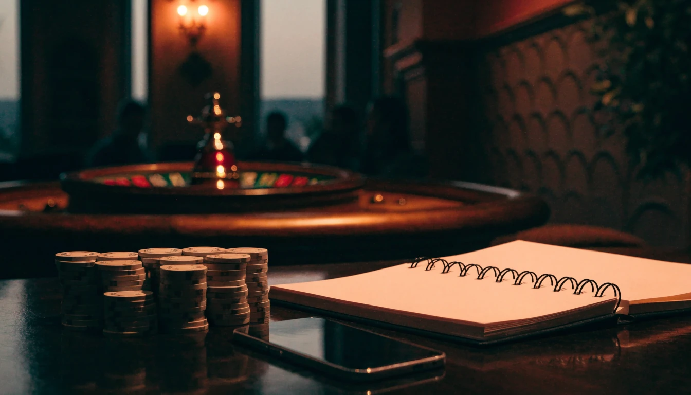 Premium casino lounge with chips, closed roulette wheel and blank notebook