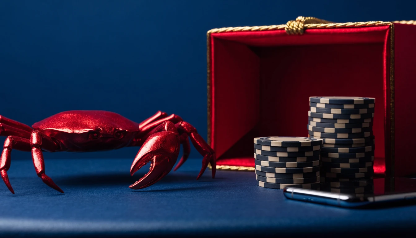 Red crab bonus beside casino chips and a face-down smartphone