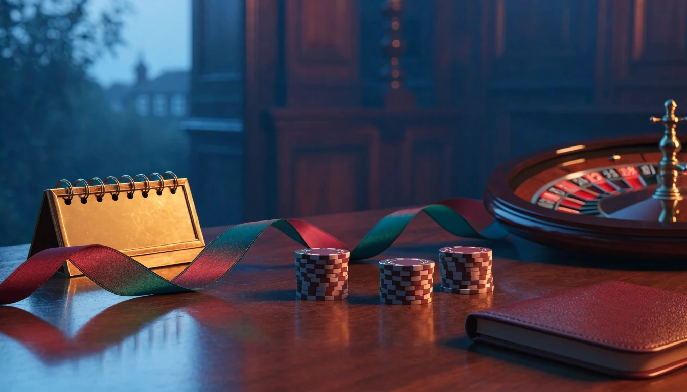 Elegant UK casino promotion scene with calendar, chips, roulette wheel, and ribbon