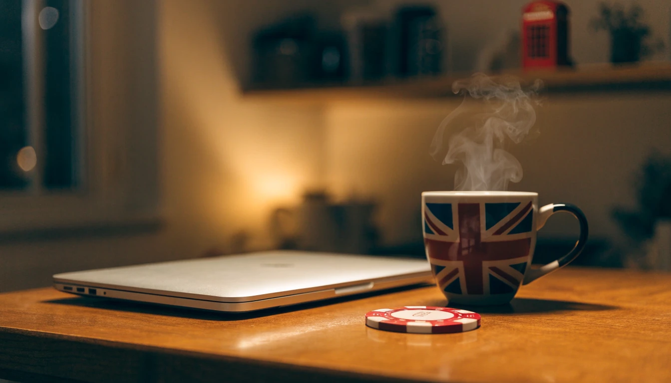 Closed laptop with a single casino chip and British tea mug on a wooden home desk