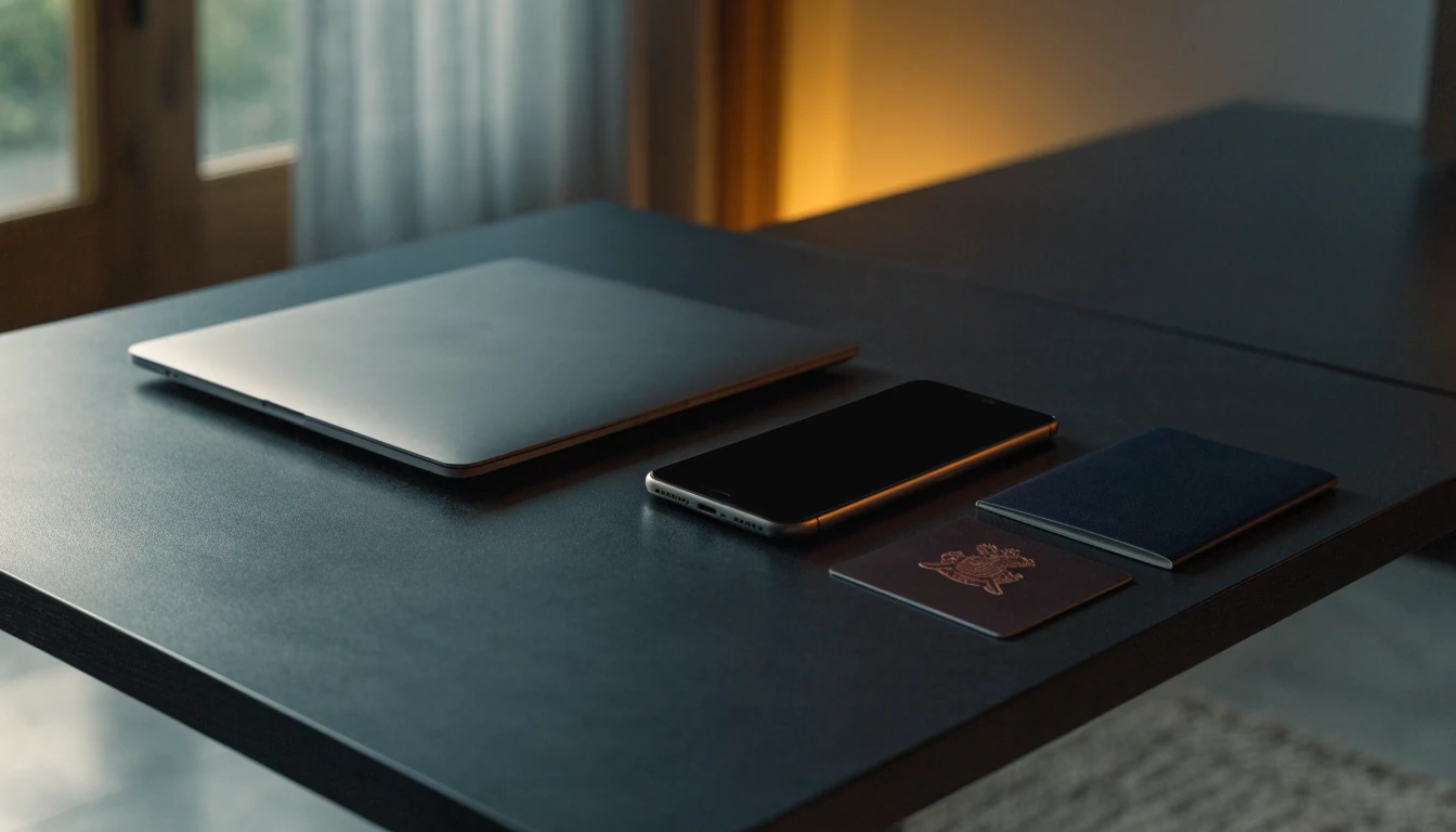 Blank phone and passport beside a closed laptop in London