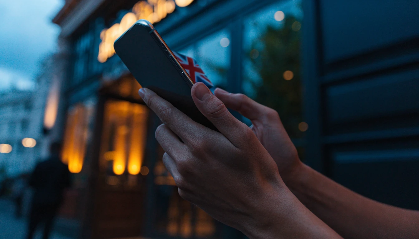 Smartphone beside a UK casino entrance illustrating SMS deposit payments