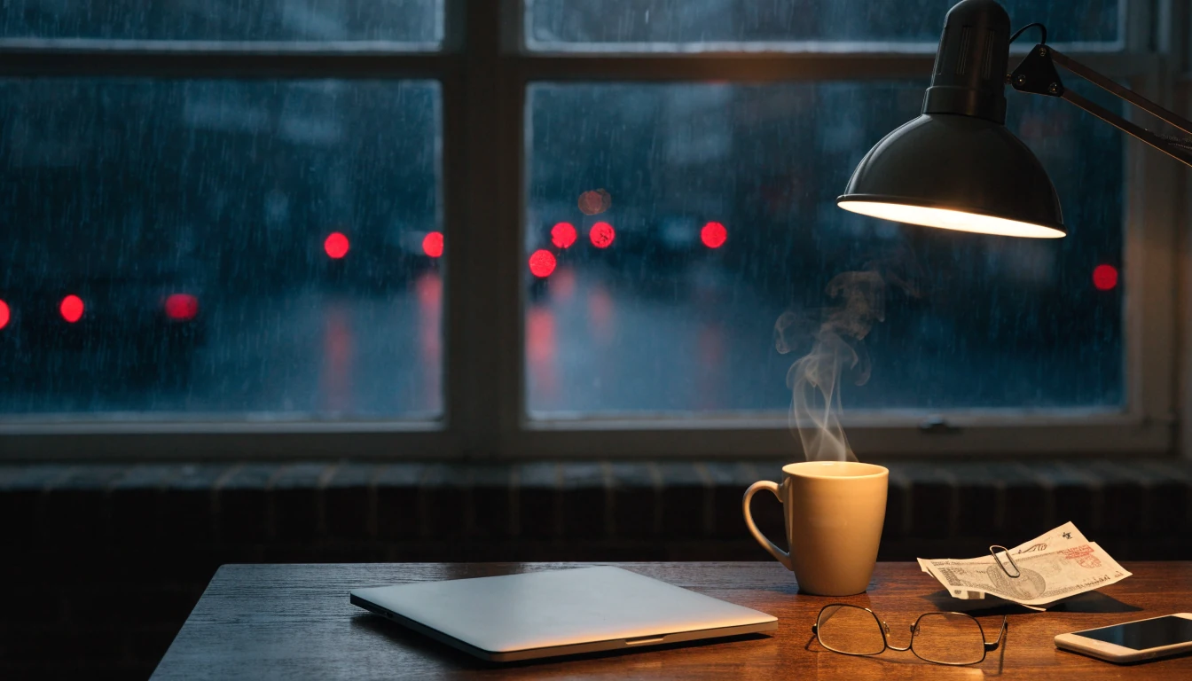 Closed laptop, tea, phone face-down, and pounds on a desk in a moody British home office