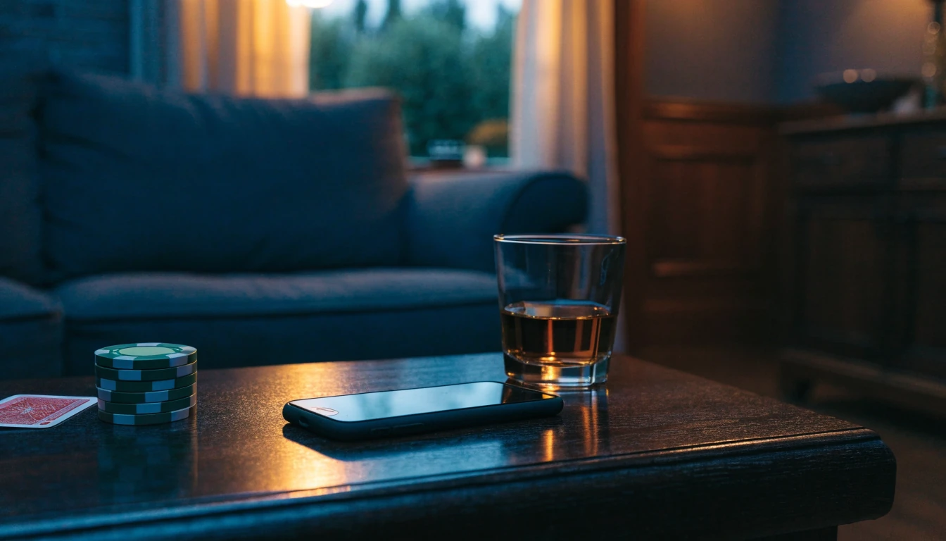 Smartphone face-down on a table with casino chips and a card in a dimly lit British lounge.