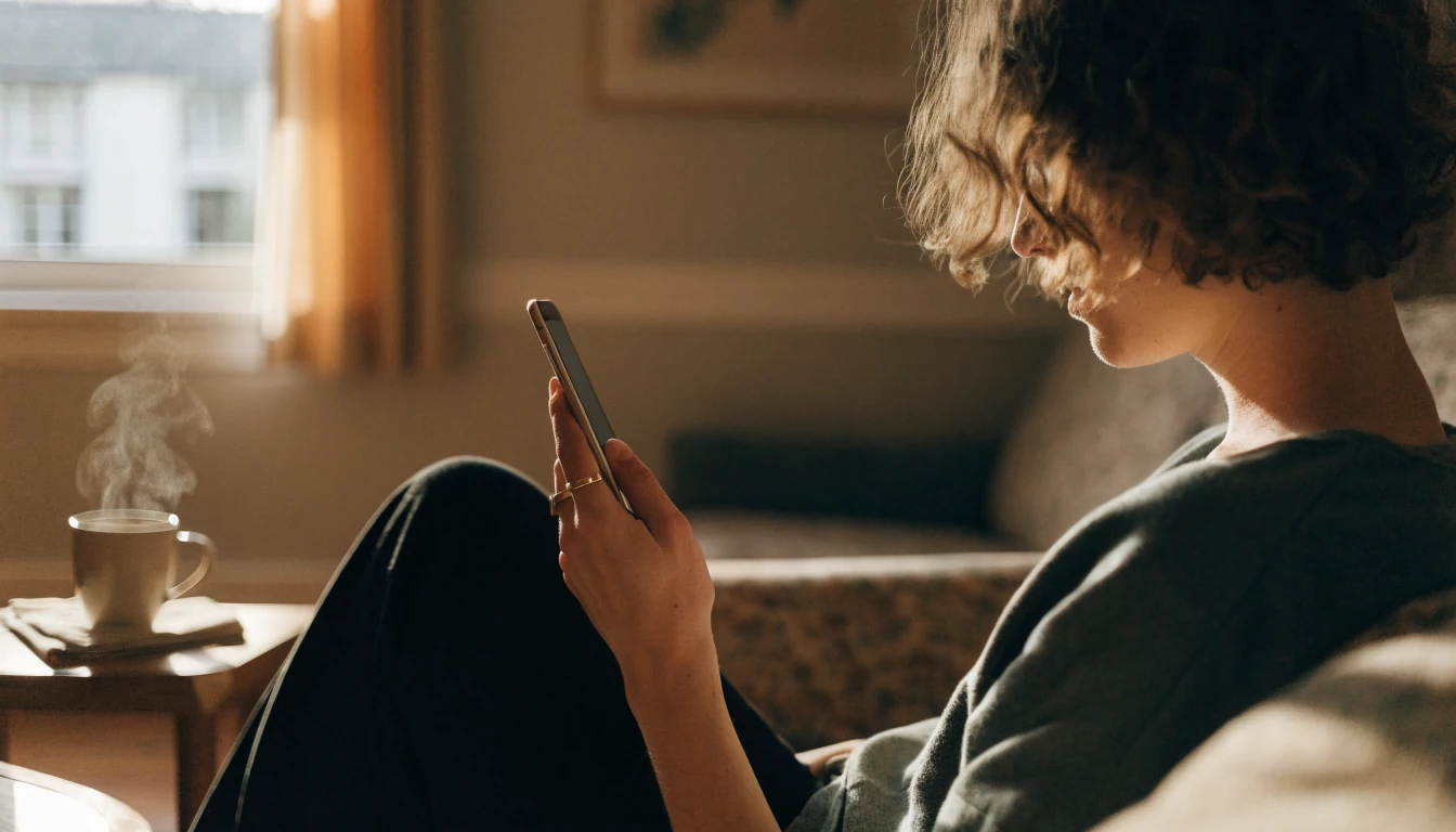 Person holding a smartphone in a cozy British living room with a cup of tea