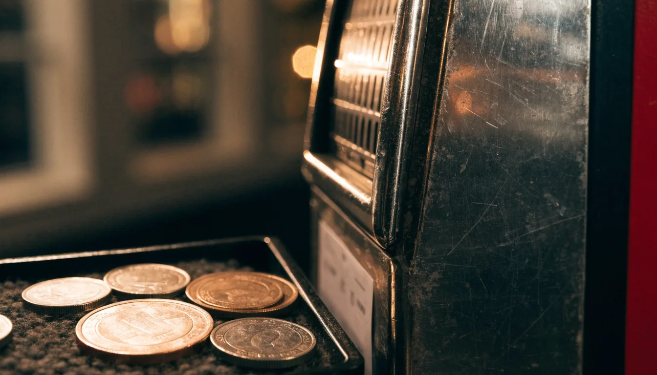 UK-themed coins beside a penny slot machine with its screen hidden