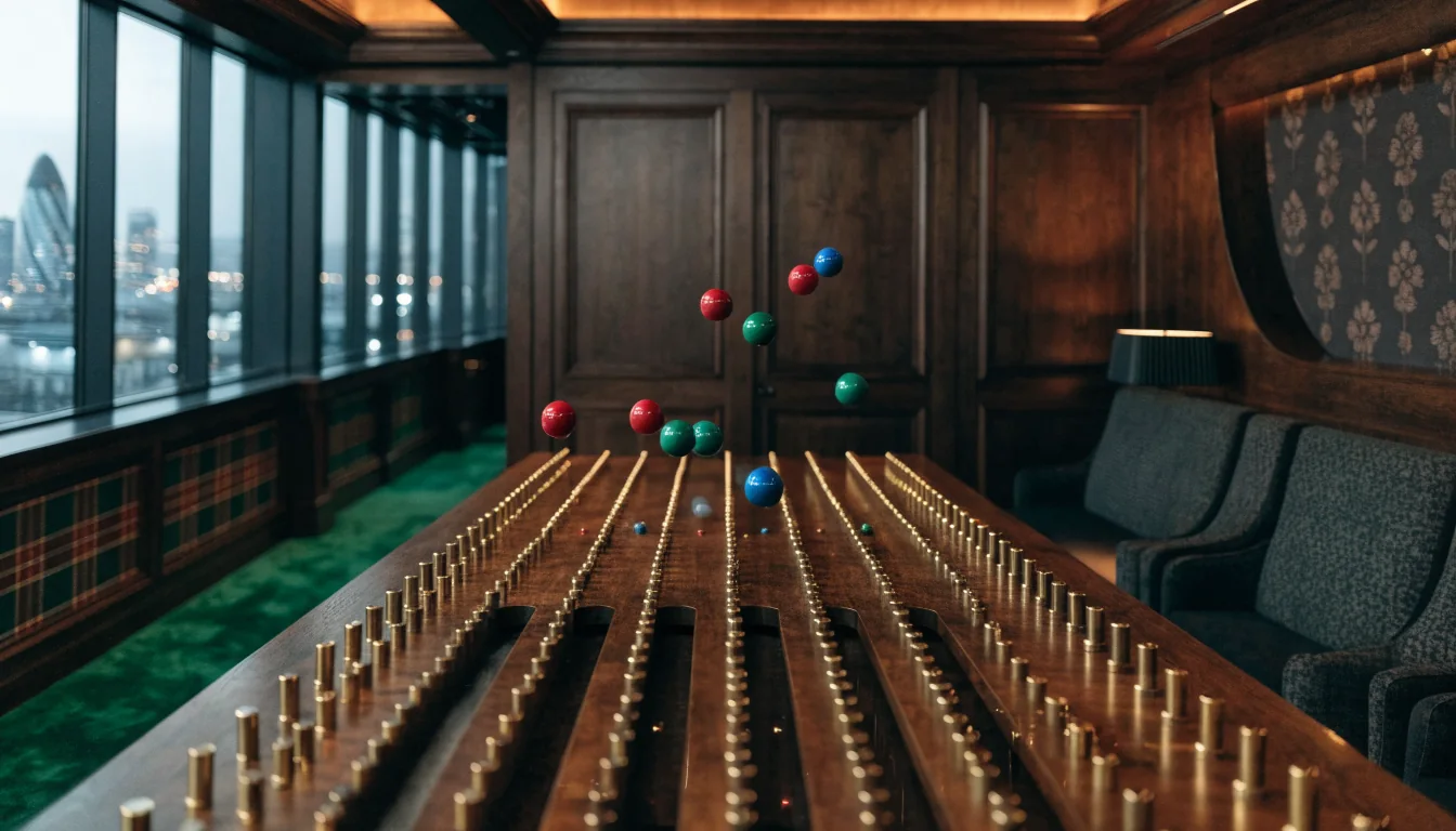 Physical Plinko board with colourful balls inside an elegant contemporary London casino lounge.