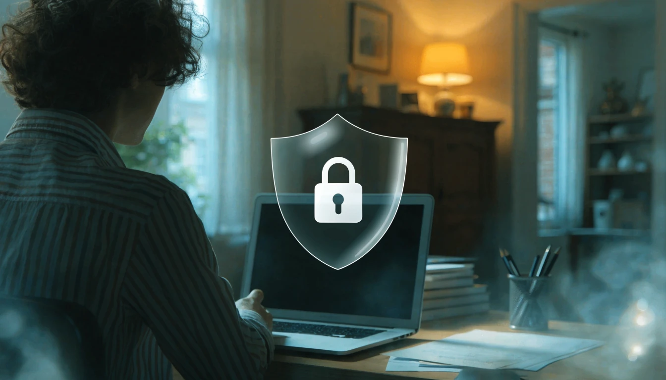 Person at laptop protected by a digital privacy shield