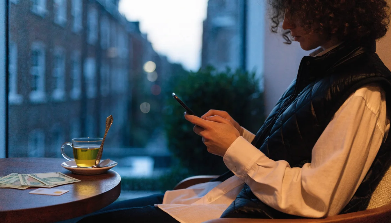 Person holding smartphone near tea and British pounds, suggesting quick casino withdrawal in UK.