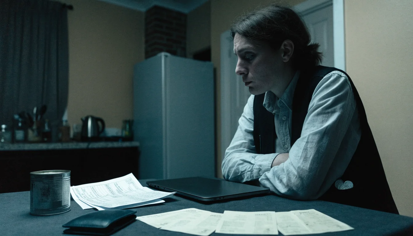 Troubled adult reviewing gambling losses alongside household bills in a British kitchen