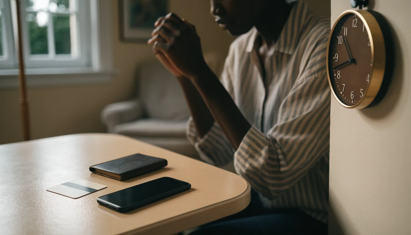 Smartphone face down beside bank card and clock