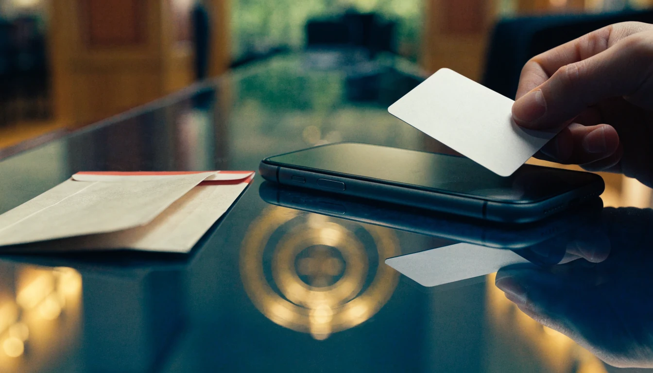 Bank card, hidden phone screen and cash envelope representing a same-day casino payout timeline.