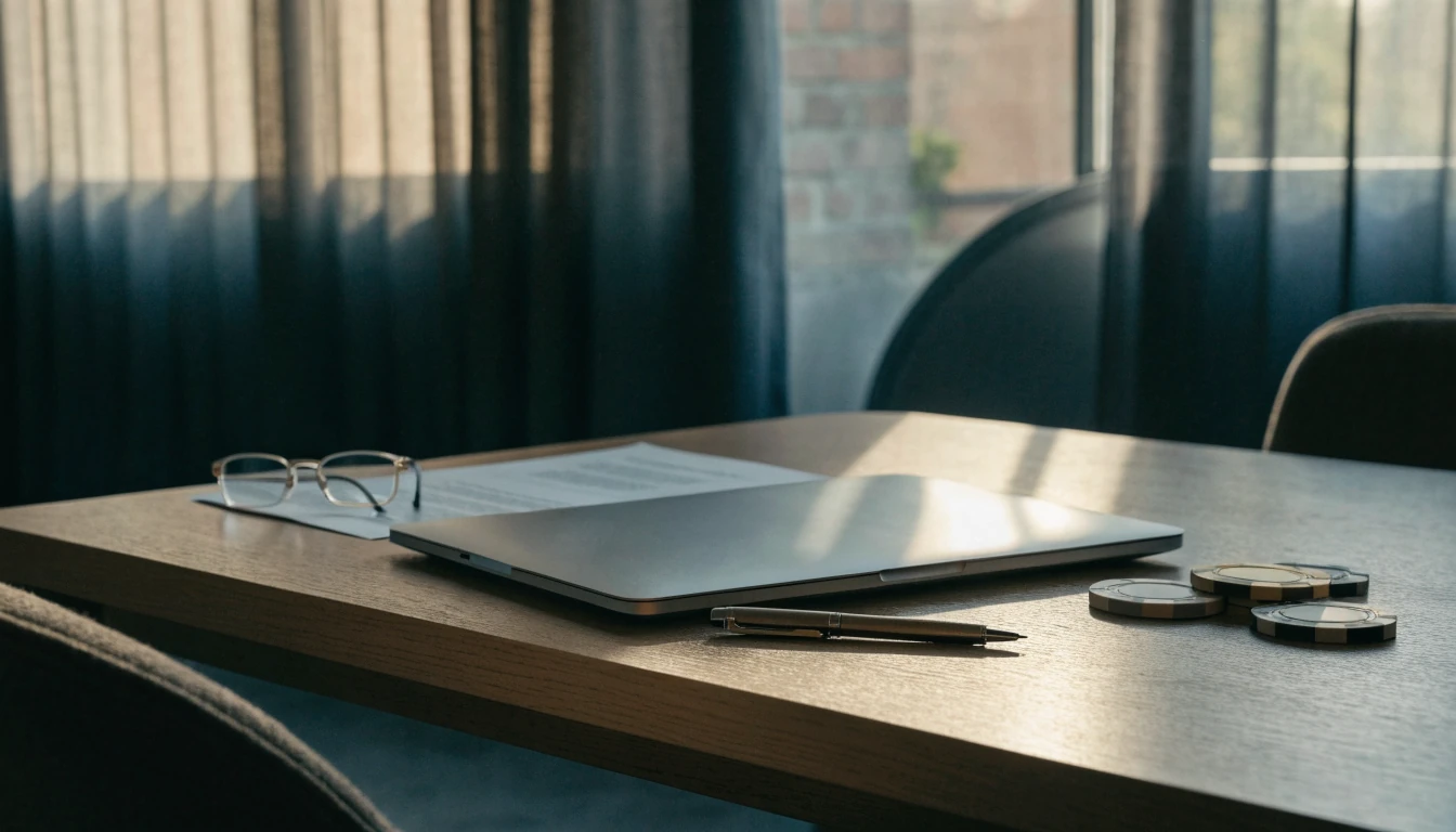 Document and casino chips on a desk beside a turned-away laptop