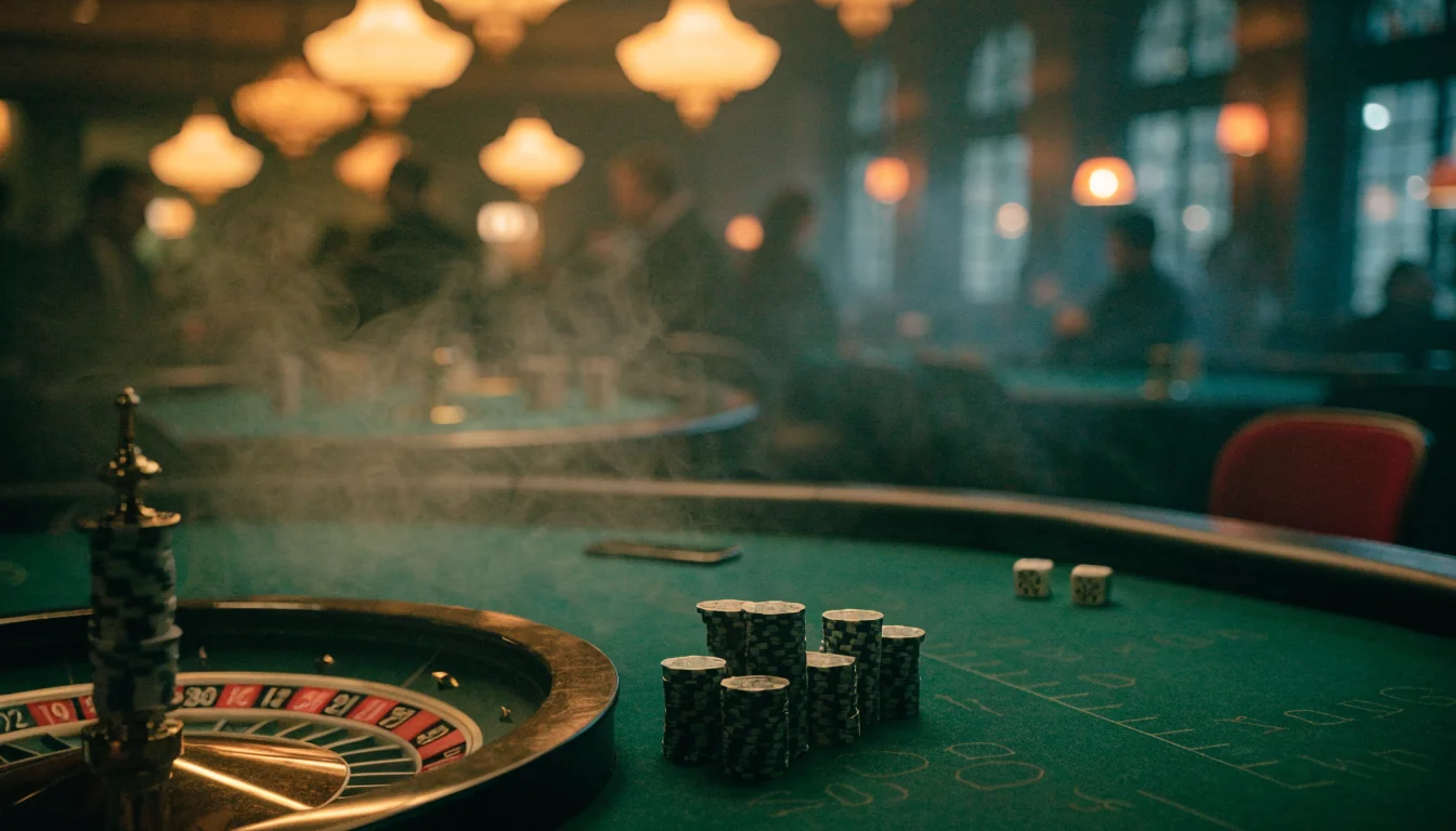 Elegant British casino table with roulette wheel and stacked chips at night